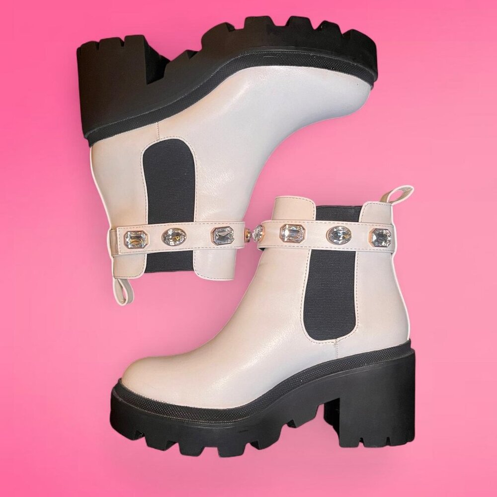 Soda white faux leather chunky boots with jewel straps